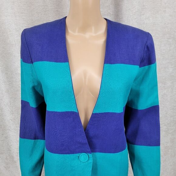 Linda Lewis Vintage Linen Blue and Teal Women's Longline Blazer Jacket - Picture 4 of 10
